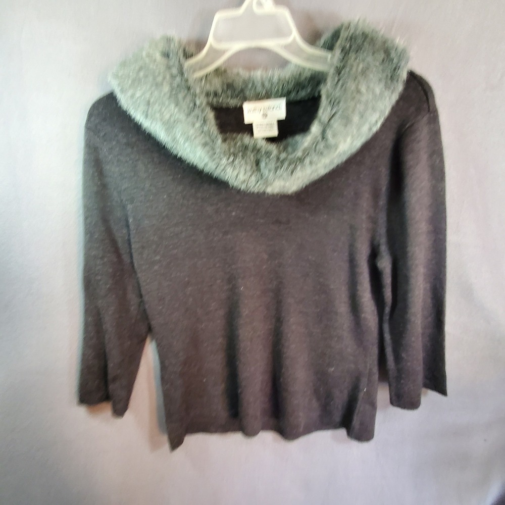 Kathy Ireland Gray Faux Fur Trim Wool Blend Knit Sweater XL 3/4 Sleeve